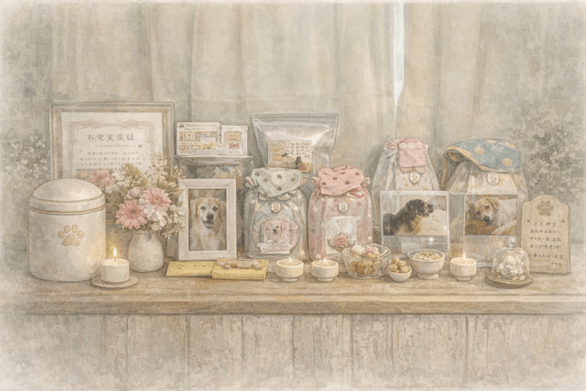 愛犬の骨壺や写真が並ぶリビング