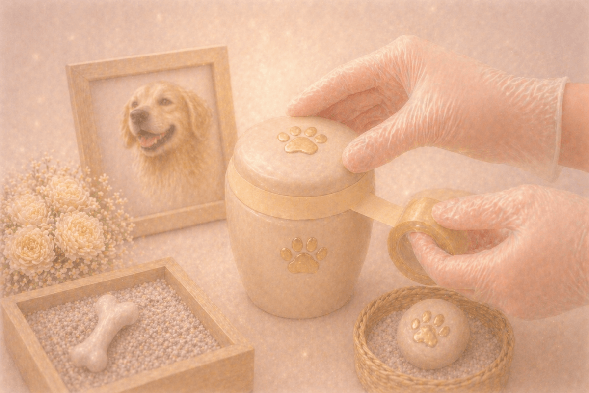 骨壺にテープを巻く様子 